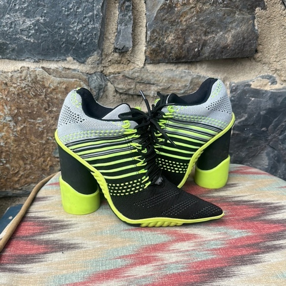 Jeffrey Campbell Sport Block Heel Bootie In Black Grey Neon Yellow size 7